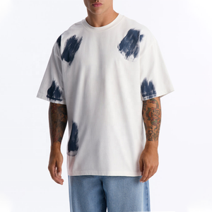 Custom <b>Paint</b> Stroke Men's Oversized White Short Sleeve T-Shirt With Blue <b>Hand</b>-Painted Pattern O-Neck Casual Cotton Jersey Tee - Product Image 1