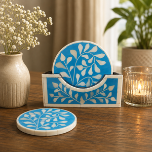Juego de posavasos con incrustaciones de hueso con diseño de hojas azules para hoteles y hogares, posavasos redondos modernos para bebidas, posavasos para tazas de café, proveedor mayorista - Product Image 1