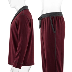 Men's Burgundy Long Sleeve <b>Pajama</b> Set With Gray Trim Soft Knitted 100% Cotton Casual Autumn Wear - Product Image 5