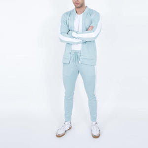 Survêtement bleu clair pour homme, manches longues, couleur unie, décontracté, respirant, en coton et élasthanne, avec cordon de serrage et poches latérales - Product Image 1