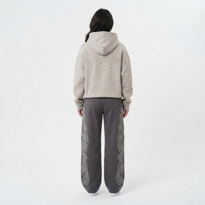 Ensemble jogging pour femme avec sweat-shirt à capuche en strass, pantalon en molleton, coupe ample décontractée, toutes saisons, gris, tenue deux pièces - Product Image 2