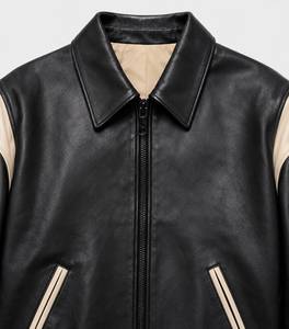Blouson Bomber en Cuir Véritable pour Homme, Noir et Beige, Style Color Block, Décontracté, Zippé, avec Ourlet Côtelé Classique, 2026 - Product Image 4