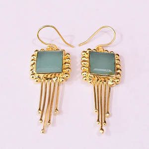 ต่างหูทรงหยดน้ำวินเทจประดับแคลซิโดนีสีน้ำเงินทรงสี่เหลี่ยมทำจากทองเหลืองชุบเงินสำหรับงานปาร์ตี้ - Product Image 5