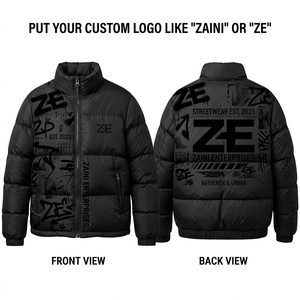 <b>Men</b> Puffer Jacket Premium 300 GSM Polyester Shell Quilted Warm Padding <b>Black</b> Custom Logo Screen Printed Streetwear Winter Jacket - Product Image 1