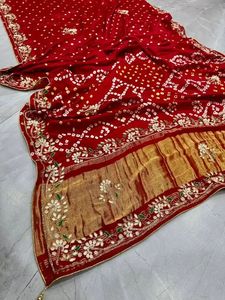 Handmade Bandhani <b>Gota</b> Patti Saree Pure Silk Bandhej Saree Ethnic Bridal Wear for Women - Product Image 2