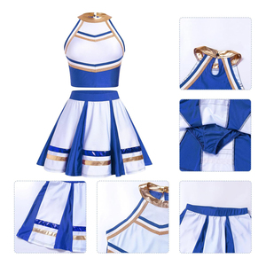 2026 High Quality OEM Blue White <b>Gold</b> Cheerleading Uniform Set Color Blocked <b>Skirt</b> Style Adult Practice Wear In Stock - Product Image 1