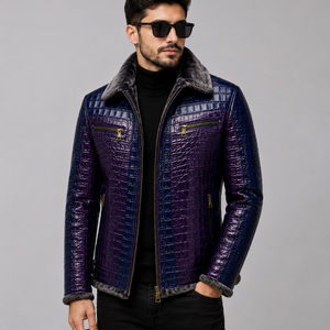 Veste en cuir de crocodile gaufré violet pour homme avec col en fausse fourrure, fermeture éclair, style motard, manteau chaud d'hiver - Product Image 1