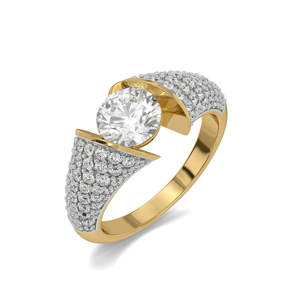 Anillo de compromiso de lujo para mujer en oro amarillo con diamantes redondos y engaste pavé - Product Image 2