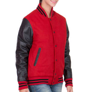 <b>Red</b> Color Women Varsity <b>Jacket</b> With Genuine Leather Sleeve Slim Fit Breathable Fleece Plain Winter <b>Jacket</b> Wholesale OEM ODM - Product Image 4