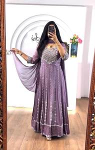 Maravilloso color/trabajo de secuencia múltiple de longitud larga pura seda Chinon verano comodidad elegante señora vestidos de fiesta con conjunto Dupatta - Product Image 6