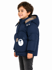 Premium Kids Quilted Hooded Puffer Winter Jacket <b>Cute</b> <b>Bear</b> Pocket Navy Blue Insulated Warm Coat Boys Girls 9 Years Outerwear - Product Image 2