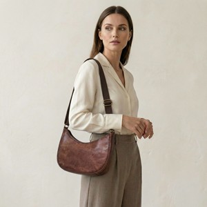 Women Genuine Leather Durable Single Zipper <b>Small</b> Crescent Crossbody <b>Bag</b> Minimalist Half Moon <b>Shoulder</b> Handbag for Travel Brown - Product Image 2