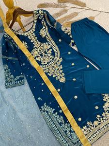 Conjunto de Salwar Kameez Azul Bordado para Mujer, Traje Étnico de Dos Piezas con Dupatta para Bodas y Fiestas - Product Image 4