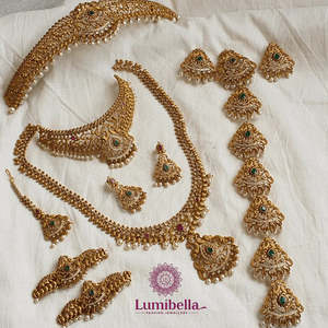Antique Gold Plated 24K South Indian Bridal Wedding Necklace and Earring Set - Product Image 1
