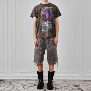Shorts cargo en jean déchiré pour homme, ornés de strass sur toute la surface, avec poches à sequins, ourlet déchiré, style punk, pour l'été - Product Image 4