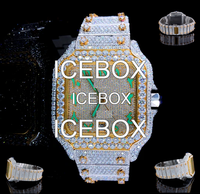 Montre-bracelet carrée ICEBOX en acier inoxydable avec moissanite, cadran analogique en verre vert et accents blancs, bracelet entièrement serti, fermoir, 10 bars