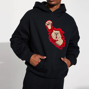 Sweat-shirt à capuche pour homme, noir, broderie lion, coupe oversize, polaire, design avant, décontracté, hiver, 100% coton, coupe-vent, respirant - Product Image 2