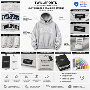 Sweat-shirt à capuche pour homme TwillSports, en coton surdimensionné, en molleton français, logo en relief, décontracté, gris automne - Product Image 6