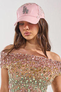 Gorra de béisbol rosa con logo LA de diamantes de imitación, bordado de lentejuelas, ajustable, de 6 paneles, para mujer, a la moda, informal, primavera, verano - Product Image 5