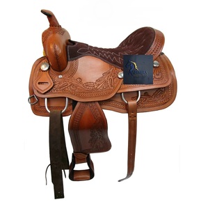 อานม้าหนังแท้ลายดอกไม้สไตล์ตะวันตก พร้อมตะกร้าหนังตกแต่งด้วยมือ สำหรับแข่งม้าบาร์เรลเรซซิ่ง  ตกแต่งด้วยโลหะคอนโชส์  ที่นั่งหนังกลับสีน้ำตาล ขนาด 10 นิ้ว ถึง 18 นิ้ว - Product Image 1