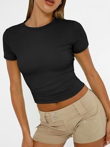 Camiseta Básica de Verano para Mujer, Cuello Redondo, Manga Corta, Elástica, Ajustada, Suave, para Salir, Hacer Ejercicio, Gimnasio - Product Image 1