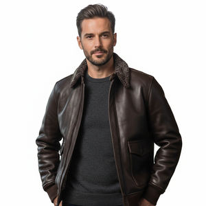 Blouson aviateur en cuir marron de qualité supérieure pour homme, style vintage, col en peau de mouton, design hiver et mode, fermeture éclair. - Product Image 2