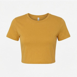 Camiseta Corta Amarillo Mostaza para Mujer, Cuello Redondo, Manga Corta, Color Sólido, Informal, Tejida, 100% Algodón, Corte Regular, para Todas las Temporadas - Product Image 1