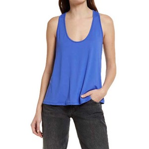 Women's Blue Scoop Neck Tank <b>Top</b> Casual Knitted Breathable Solid Color Regular Length 100% Polyester - Product Image 1