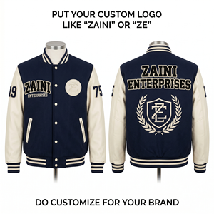 เสื้อแจ็คเก็ตวาร์ซิตี้ ZAINI 450 GSM ผ้าวูลผสม กันลม คอตั้ง สไตล์ไฮสตรีท สีกรมท่า-ขาว แต่งแผงหนัง PU ที่แขนเสื้อ แบบสั่งทำพิเศษ - Product Image 1