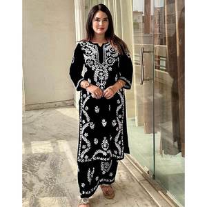 Ensemble Kurti Palazzo en Rayon Fantaisie avec Broderie Lakhnavi Noir - Product Image 1