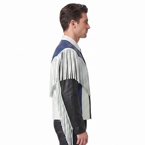 Chaqueta de Cuero Genuino con Flecos para Hombre, Chaqueta de Cuero con Cuello Alto y Flecos para Hombre, Chaqueta de Cuero Genuino Premium con Flecos para Hombre - Product Image 3