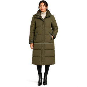 Manteau long matelassé pour femme, col montant, fermeture éclair, vert olive, chaud et décontracté, vente en gros - Product Image 1