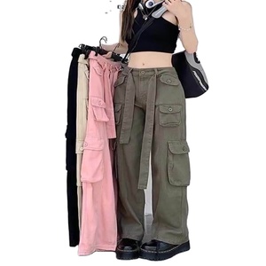 Pantalon cargo taille haute pour femme, couleur unie, coupe ample, en toile, jambe large avec poches, fermeture à cordon, style décontracté printemps - Product Image 1