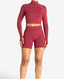 Ensembles de yoga en nylon et élasthanne de poids moyen, couleur unie, short taille haute, haut court à manches longues, fermeture éclair quart, anti-transpiration, sans couture, faible MOQ - Product Image 1