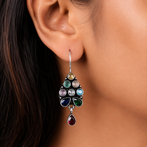 Multi Crystal <b>Earrings</b> | Pear Drop Oxidized <b>Silver</b> <b>Dangles</b> | Geometric Teardrop Statement <b>Earrings</b> for Women - Product Image 4