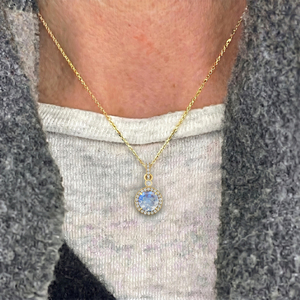 Natural Rainbow Moonstone Pendant 14k Solid Gold Diamond Pendant Round Gemstone Halo Solitaire Charm's Pendant <b>Necklace</b> - Product Image 1