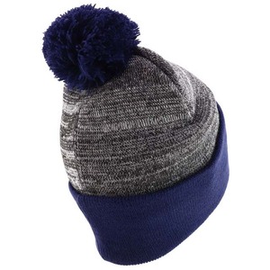 Gorro de punto unisex con pompón, borde azul marino y cuerpo gris melange, gorro casual de invierno para adultos 56-58CM - Product Image 4