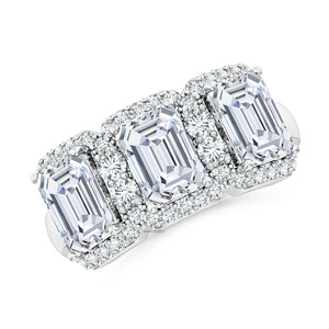 Anillo de compromiso y boda de lujo con tres piedras de diamante cultivado en laboratorio con corte esmeralda, detalles de diamantes, oro de 10K, 14K, 18K, plata 925, 935 - Product Image 4