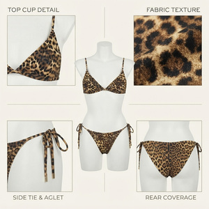 Women's <b>Leopard</b> <b>Print</b> High Cut Bikini Set Triangle Top <b>Tie</b> Side Bottoms Spandex/Polyester Stretch Eco-Friendly Quick Dry Front - Product Image 4