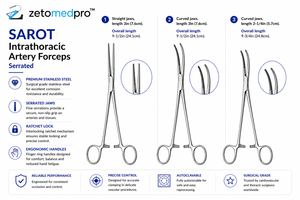 Pinzas para arterias intratóraxicas SAROT, mandíbulas de 3 pulgadas (7,6 cm), longitud total de 9-1/2 pulgadas (24,1 cm) o curvadas de 3 pulgadas o curvadas de 2-1/4 pulgadas (9-3/4 pulgadas) ZETOMEDPRO - Product Image 4