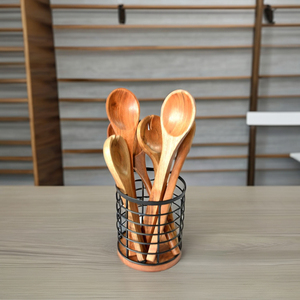 Porte-couverts Porte-ustensiles de cuisine en fer noir avec base en bois d'acacia Support de rangement rond pour couverts pour décor de table à manger - Product Image 5
