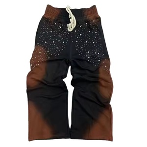 100% algodón OEM alta calidad Vintage lavado pantalones de chándal hombres Casual Zip diseño acampanado pierna ancha sol desteñido Rhinestone remache - Product Image 1