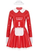 Damen Sweet Maid Lack leder Kleid mit floralen Spitze Stirnband Schürze A-Linie Kleid für Cosplay Nightclub Themed Party Cosplay