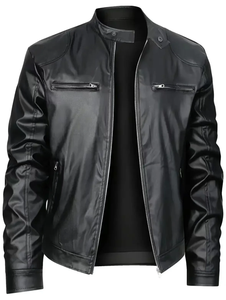 New <b>Men</b> Wool Nylon Stand Collar Woven Fabric Casual Slim Fit Zipper <b>Leather</b> <b>Jacket</b> Eco-Friendly Winter Outerwear - Product Image 2