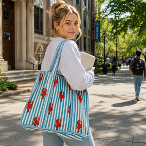 Premium Jaipur Block Print <b>Quilted</b> Cotton Tote Bag With Lobster Print Striped Design 18 X 18 Inches Machine Durable Shopping Bag - Product Image 5