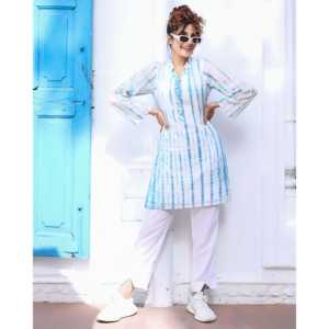 Conjunto de Kurta Informal Azul Cielo con Estampado Tie-Dye y Mangas Tres Cuartos, Talla XS - Product Image 3