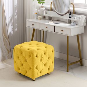 Elegante Tavolino Giallo Moderno in Velluto, Pouf Imbottito, Morbido Poggiapiedi, Comoda Sedia per Trucco e Toeletta - Product Image 3