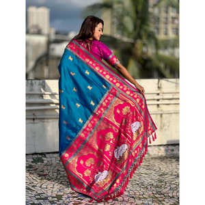 Sari Azul de Seda Suave Pichwai, Tejido Tradicional con Zari, Ropa India y Pakistaní, 600g Elite Weaves - Product Image 4