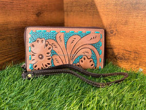 Pochette à bracelet en cuir véritable faite à la main de style occidental pour femmes pochette en cuir sculptée de couleur turquoise de taille compacte de vente chaude - Product Image 2