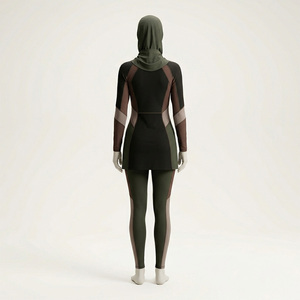 Traje de baño de dos piezas para mujer, estilo burkini, con bloques de color, manga larga, cuello con volantes, tejido elástico, cobertura completa - Product Image 4